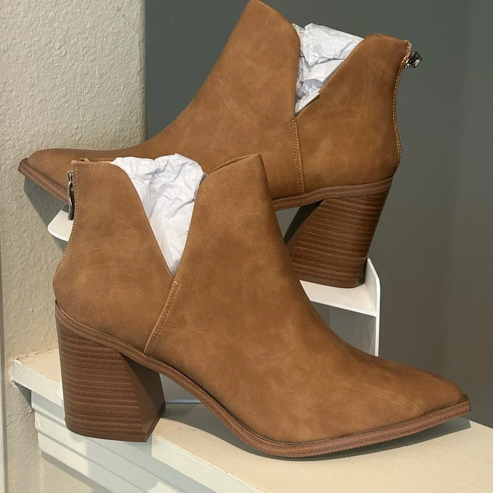 FISACE Womens Pointed Toe Stacked Mid Heel Ankle Boots V Cut Back Zipper Size 11 - Picture 1 of 9